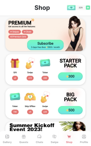 the cost of premium shop and packages inside the shop